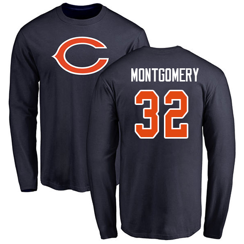 Chicago Bears Men Navy Blue David Montgomery Name and Number Logo NFL Football #32 Long Sleeve T Shirt->chicago bears->NFL Jersey